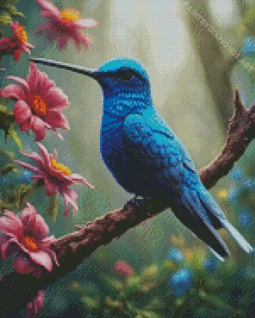 Blue Hummingbird On Stick Diamond Painting