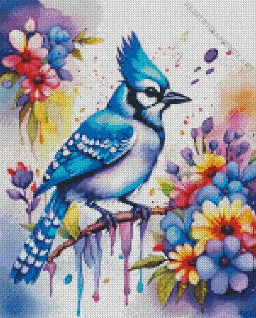 Blue Jay And Flowers Diamond Painting