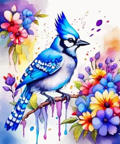 Blue Jay And Flowers Diamond Painting