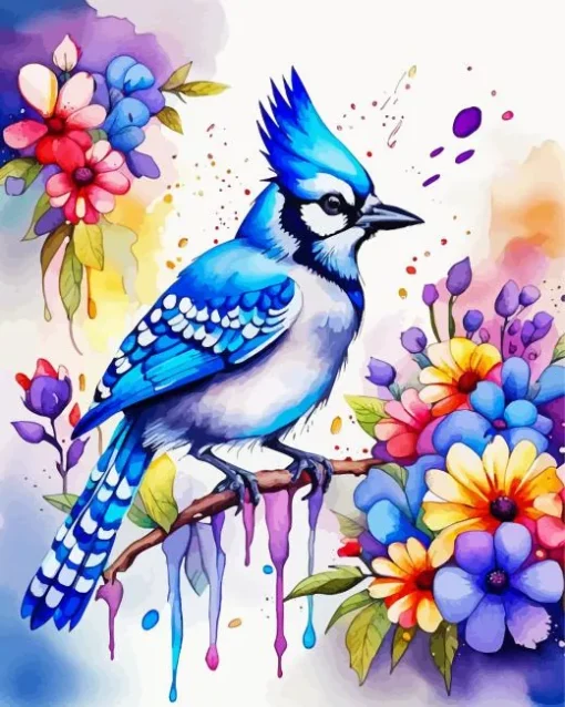 Blue Jay And Flowers Diamond Painting