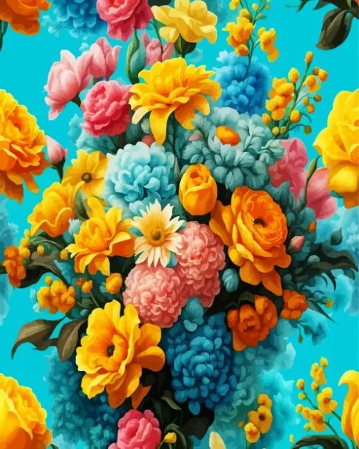 Blue Pink And Yellow Flowers Diamond Painting