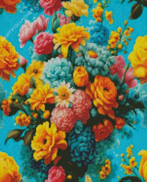 Blue Pink And Yellow Flowers Diamond Painting