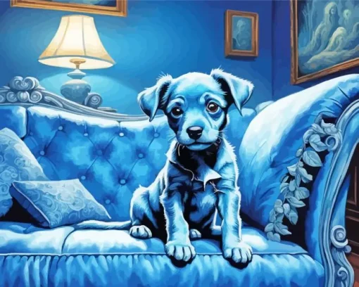 Blue Puppy On Sofa Diamond Painting