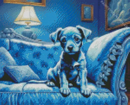 Blue Puppy On Sofa Diamond Painting