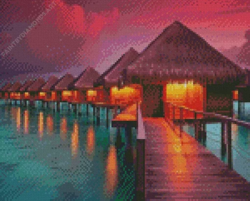 Bora Bora Huts At Sunset Diamond Painting