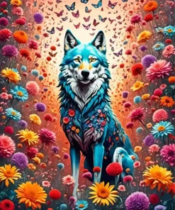 Flower Wolf And Butterflies Diamond Painting