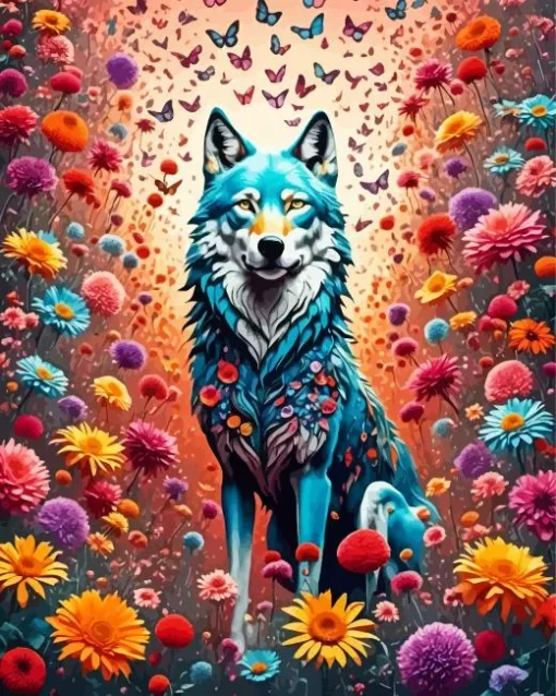 Flower Wolf And Butterflies Diamond Painting