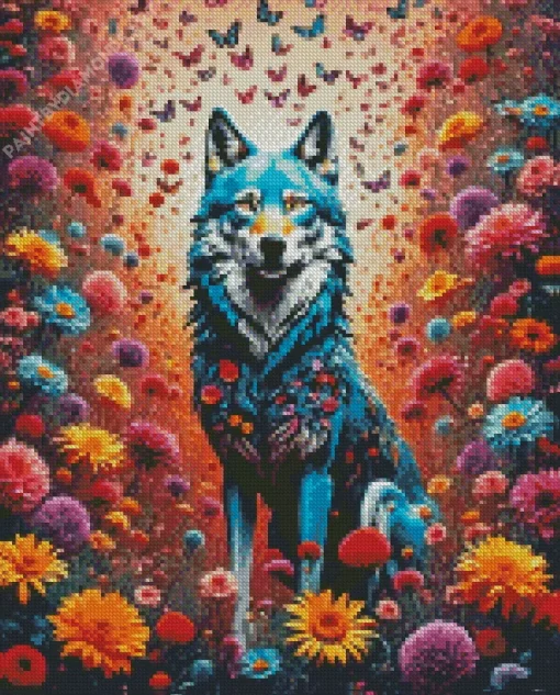 Flower Wolf And Butterflies Diamond Painting