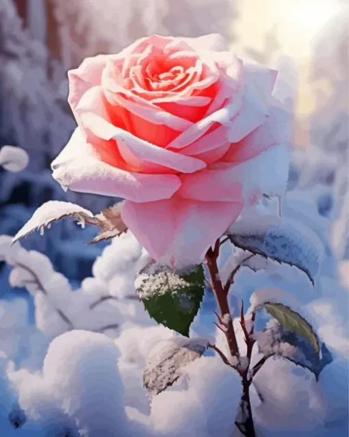 Pink Rose In Snow Diamond Painting