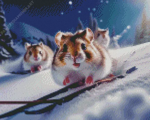 Rats Skiing In Snow Diamond Painting