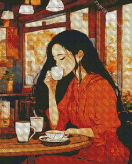 Woman Drinking Coffee Diamond Painting