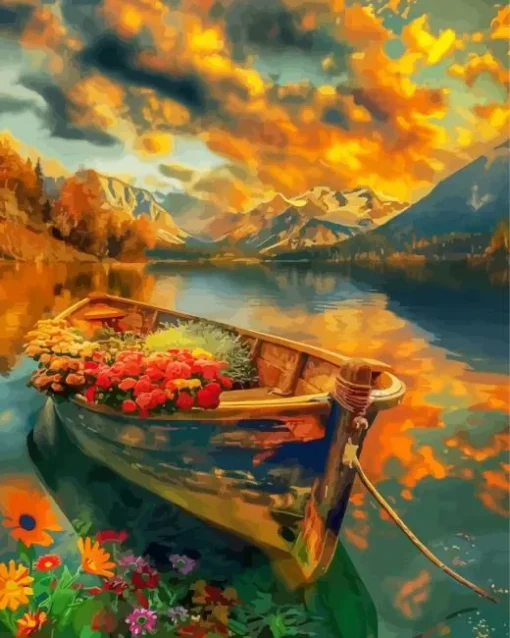 Floral Boat At Sunset Diamond Painting