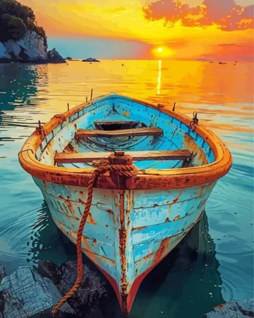 Boat At Sunset Diamond Painting