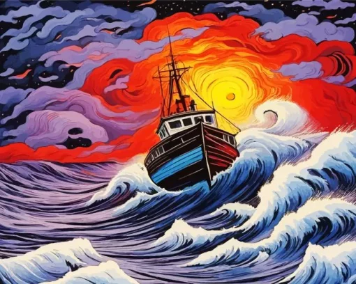 Boat In Storm Diamond Painting