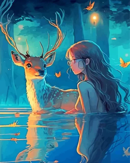 Deer And Girl Diamond Painting