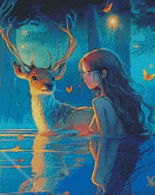 Deer And Girl Diamond Painting