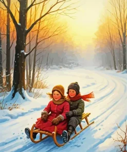 Brother And Sister Sled Riding Diamond Painting