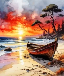 Brown Boat In the Beach Diamond Painting