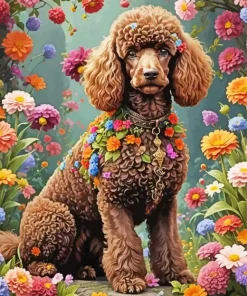Brown Poodle And Flowers Diamond Painting