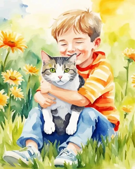 boy hugging cat art Diamond Dotz Boy Hugging Cat Art Diamond Painting