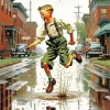 Boy Jumping In Puddle Diamond Painting