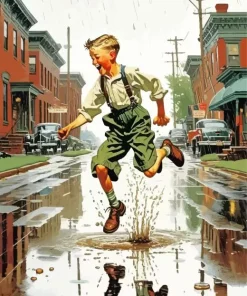 Boy Jumping In Puddle Diamond Painting