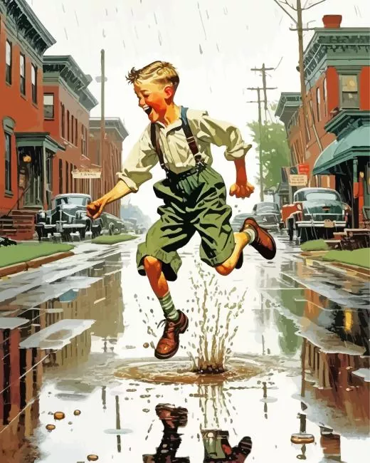 boy jumping in puddle Diamond By Numbers Boy Jumping In Puddle Diamond Painting