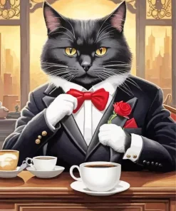 Cat Drinking Coffee Diamond Painting