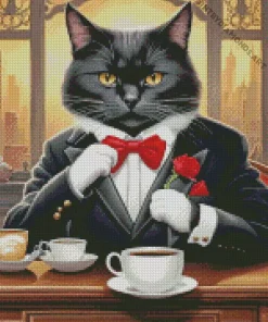 Cat Drinking Coffee Diamond Painting