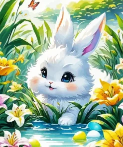 Flowers And Bunny Diamond Painting