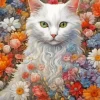 Flowers And White Cat Art Diamond Painting