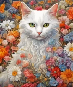 Flowers And White Cat Art Diamond Painting