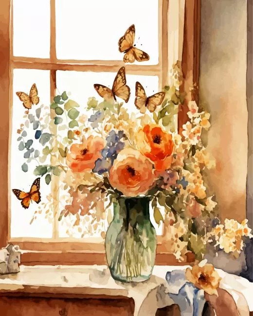 flowers on a window ledge Diamond By Numbers Flowers On A Window Ledge Diamond Painting