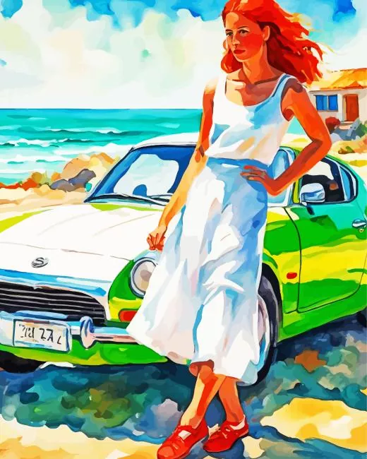 lady with a green Nissan Z Diamond By Numbers Lady With A Green Nissan Z Diamond Painting