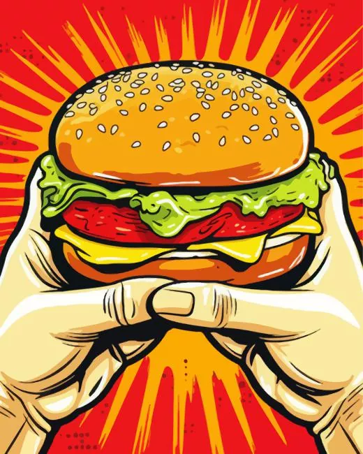 Big Burger In The Hands Pop Art Diamond Paintings Big Burger In The Hands Pop Art Diamond Painting