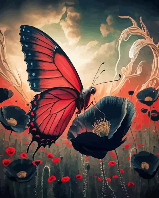 Black and red butterfly on poppy Diamond Paintings Black And Red Butterfly On Poppy Diamond Painting