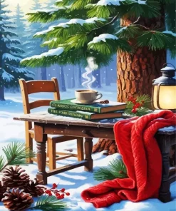 Coffee Cup On Books In Snow Diamond Painting