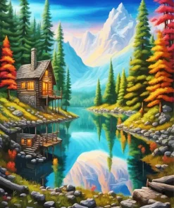 Aesthetic Forest Log Cabin Diamond Painting