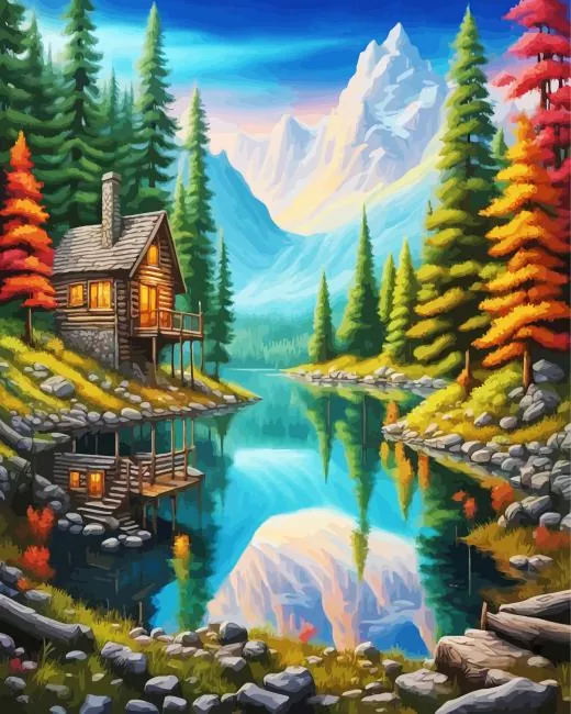 aesthetic forest log cabin Diamond With Numbers Aesthetic Forest Log Cabin Diamond Painting