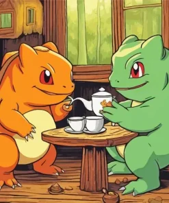 Bulbasaur And Charmander Drinking Tea Diamond Painting