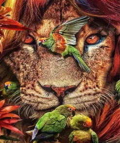 Lion And Parrots Diamond Painting