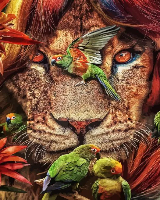 lion and parrots Diamond By Numbers Lion And Parrots Diamond Painting