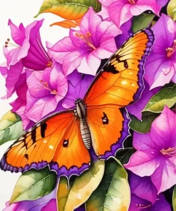 Orange Butterfly On Bougainvillea Diamond Painting