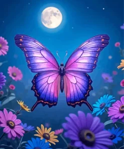 Purple Butterfly And Flowers Diamond Painting