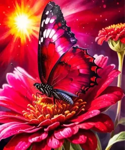 Butterfly On Red Flower Diamond Painting