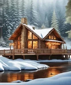 Cabin In Snow Woods Diamond Painting