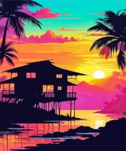 Cabin Silhouette At Sunset Diamond Painting