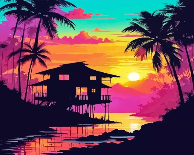 cabin silhouette at sunset Diamond By Numbers Cabin Silhouette At Sunset Diamond Painting