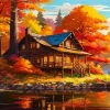 Lakeside Cabin In Autumn Diamond Painting