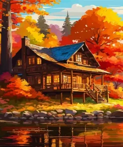Lakeside Cabin In Autumn Diamond Painting